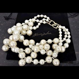 Vintage Gold tone KJL KENNETH LANE Large Round Faux Pearl Three Strand Necklace.